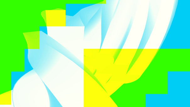 Grafik aus runden und gezackten Elementen in Gelb, Grün und Weiß auf blauem Hintergrund