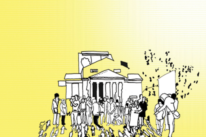 Grafik mit gelbem Hintergrund und einer Illustration von Menschen, die auf ein Gebäude zuströmen