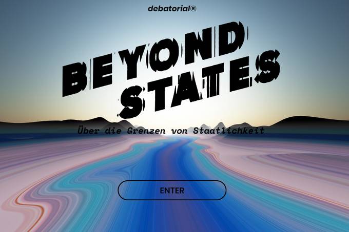 Schriftzug „Beyond States“ vor stilisierter Landschaft, darunter eine Schaltfläche mit „Enter“