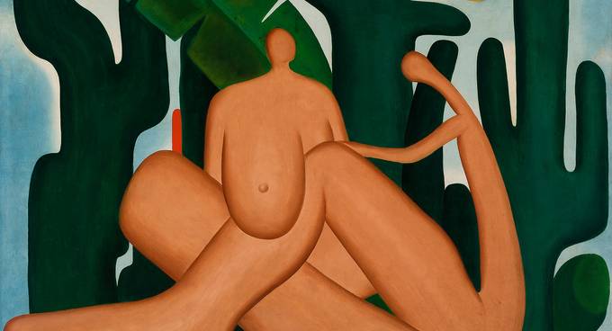 Gemälde zweier abstrakt geformter Körper, die vor Pflanzen sitzen