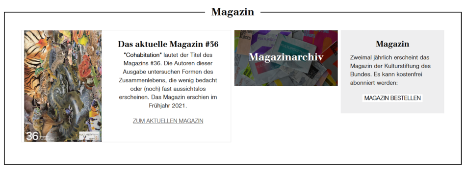 Screenshot des Bereichs "Magazin" auf der Homepage