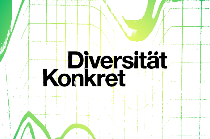 Grün-gelbes Raster mit Linien auf weißem Grund und dem Text "Diversität Konkret: Input, Diskussion, Networking"