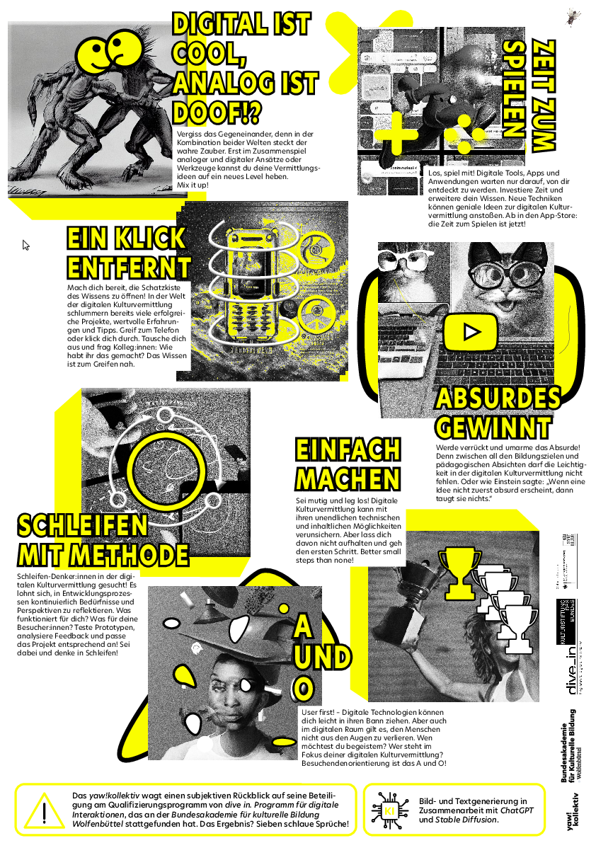 Poster mit Schwarz-Weiß-Grafiken, gelben Highlights und kurzen Erläuterungen über digitales Arbeiten in Kunst und Kultur (externer Link, öffnet neues Fenster)