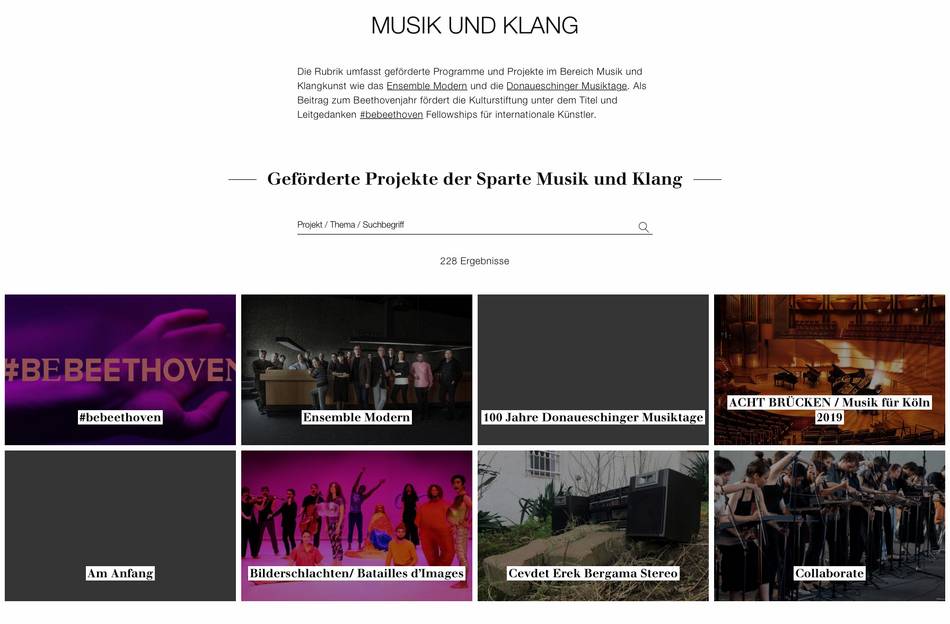 Screenshot der Übersicht der Projekte aus der Sparte "Musik und Klang"