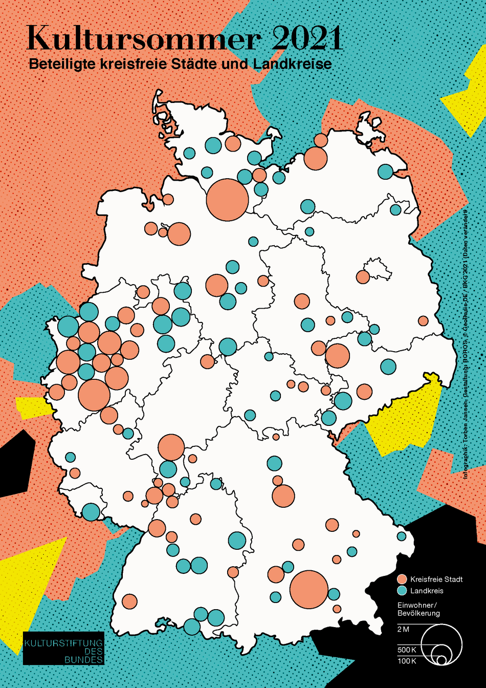 Deutschlandkarte mit Markierung beteiligter kreisfreier Städte und Landkreise beim Kultursommer 2021 (öffnet Vergrößerung des Bildes)