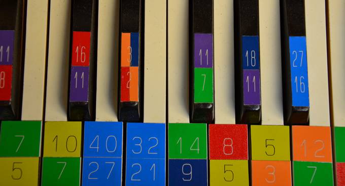 Piano keys covered with coloured numbers
