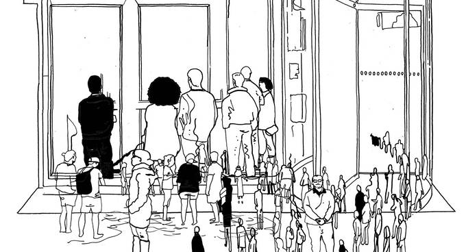 Schwarz-Weiß-Illustration von einer Menschenmenge vor einem Gebäude