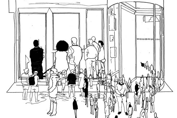 Schwarz-Weiß-Illustration von einer Menschenmenge vor einem Gebäude