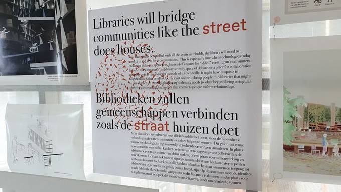 Zettelwand, daran Zettel mit Aufschrift "Libraries will bridge communities like the street does houses" (öffnet Vergrößerung des Bildes)