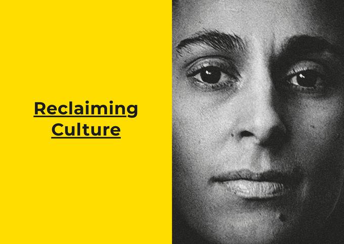 Schwarz-Weiß-Fotografie eines Frauengesichts, links daneben Schriftzug "Reclaiming Culture"