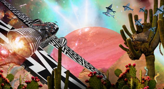 Collage with planet, flying object, cacti, flying fish and other bizarre elements