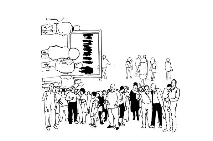 Schwarz-Weiß-Illustration diverser menschlicher Figuren beim Stehen oder Gehen