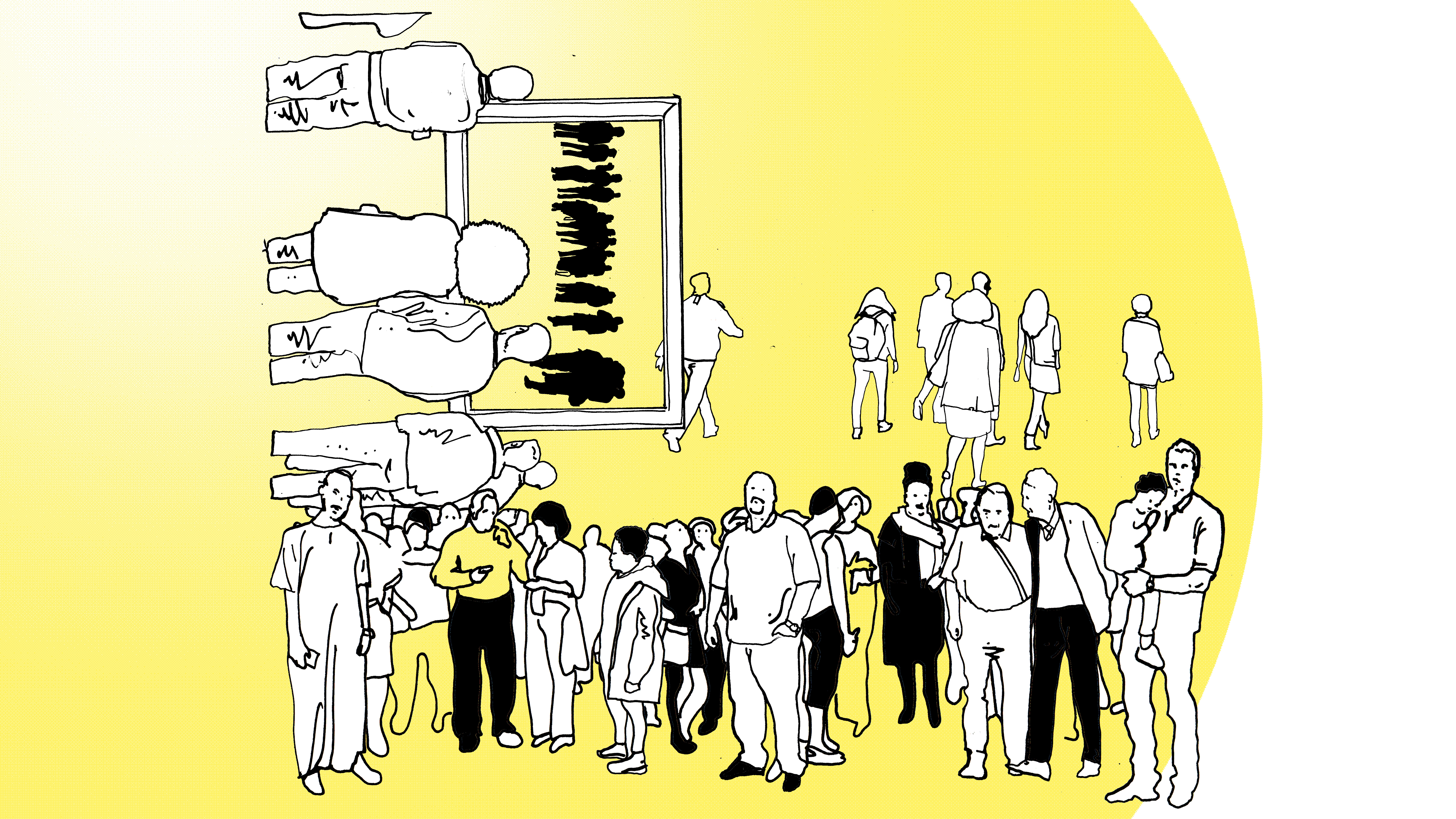 Illustration verschiedener Menschen vor gelbem Kreis