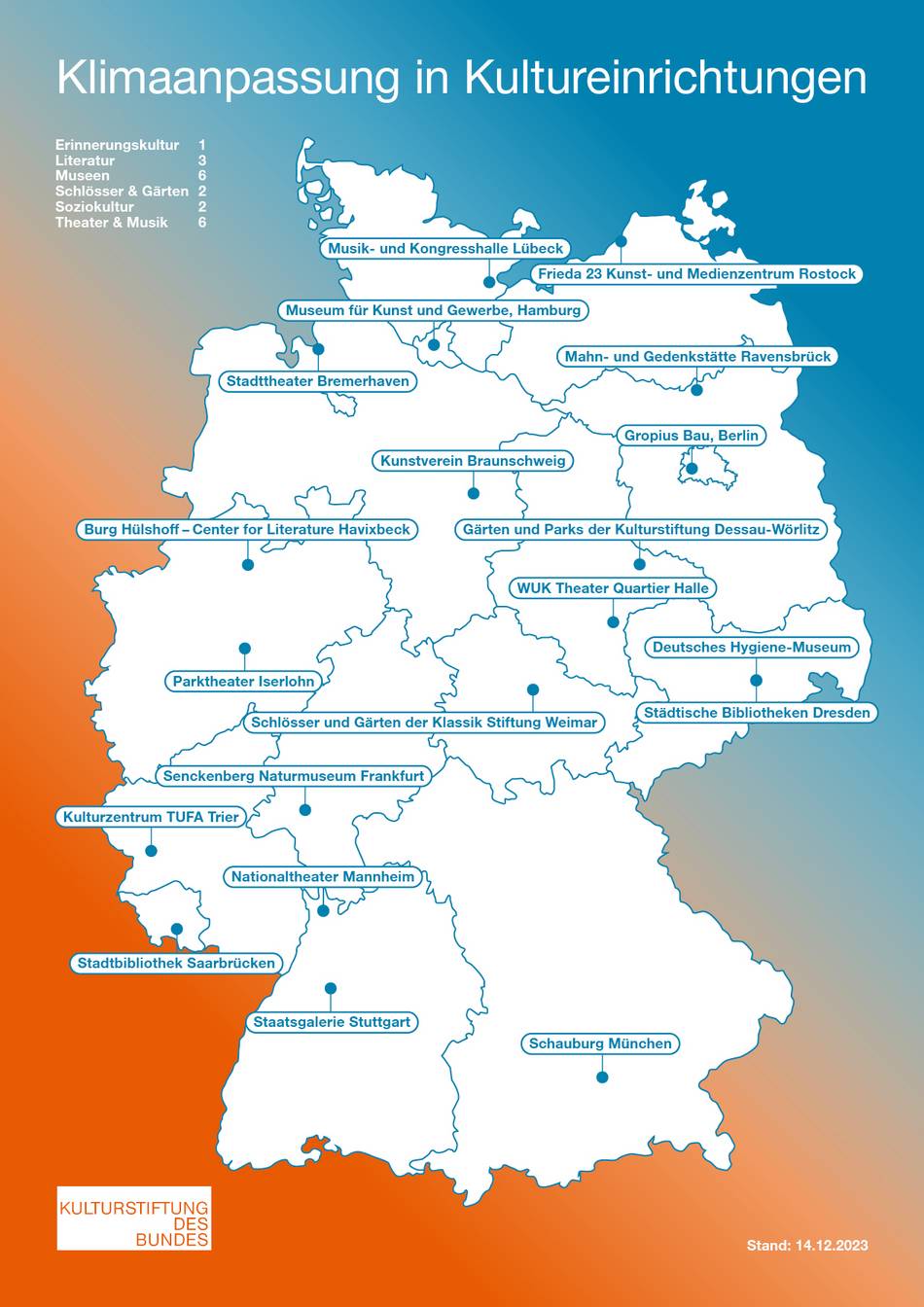 Deutschlandkarte mit Bundesländern und allen im Programm Klimaanpassung der Kulturstiftung des Bundes geförderten Einrichtungen (opens enlarged image)
